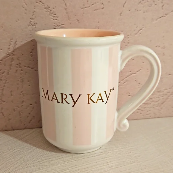 MARY KAY pink and white striped mug, gold logo ceramic mug promotional EUC - Picture 1 of 7